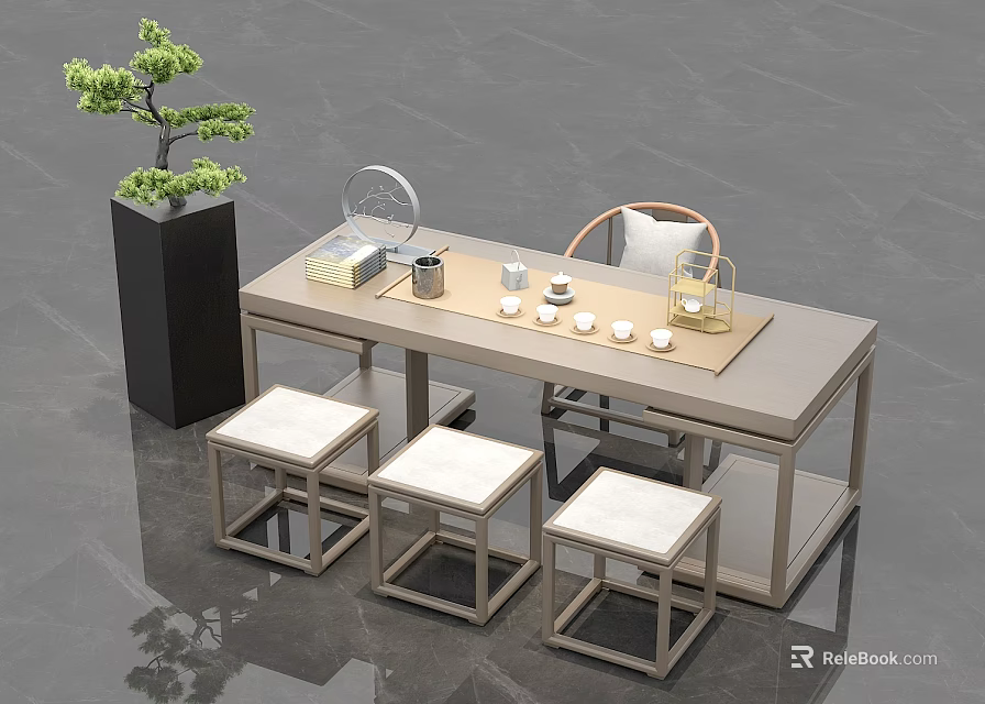 Modern Tea Table and Chairs Set with Tea Sets Decorative Mirror and Green Plant 3d model 