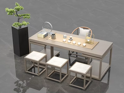 Modern Tea Table and Chairs Set with Tea Sets Decorative Mirror and Green Plant 3d model