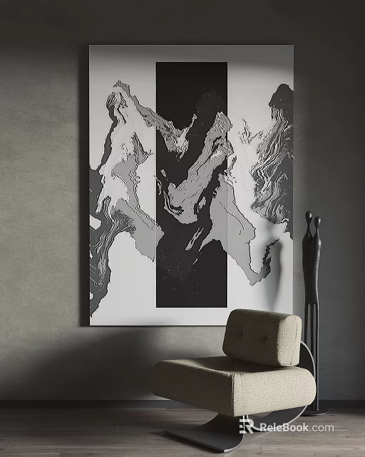Abstract Black And White Painting On Gray Wall With Modern Chair 3d model 