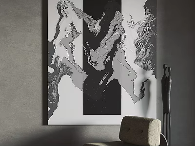 Abstract Black And White Painting On Gray Wall With Modern Chair 3d model