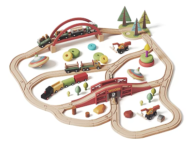 Electric Toy Train Set With Wooden Tracks Bridge Trees And Cars 3d model