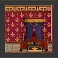 Red Walled Interior Scene With Gold Fleur De Lis Patterns Canopy Bed And Wooden Floor
