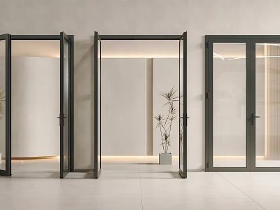 Modern Glass Double Doors With Black Frames In Minimalist Interior Design With Lighting 3d model
