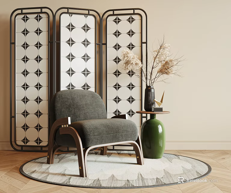 Gray Accent Chair With Black White Geometric Screen Green Vase Side Table And Wooden Floor 3d model 