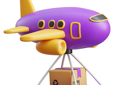 Purple and Yellow Airplane Model on Stand with Cardboard Box Recycle Symbol 3d model
