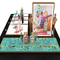 Perfume and Cosmetics Display on Black Vanity Table with Colorful Bottles and Decorative Patterns
