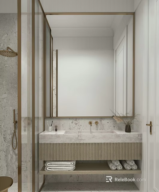 Modern Bathroom Interior With Large Mirror Marble Vanity Countertop And Gold Accents 3d model 