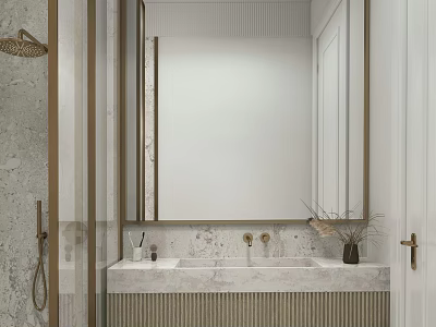 Modern Bathroom Interior With Large Mirror Marble Vanity Countertop And Gold Accents 3d model