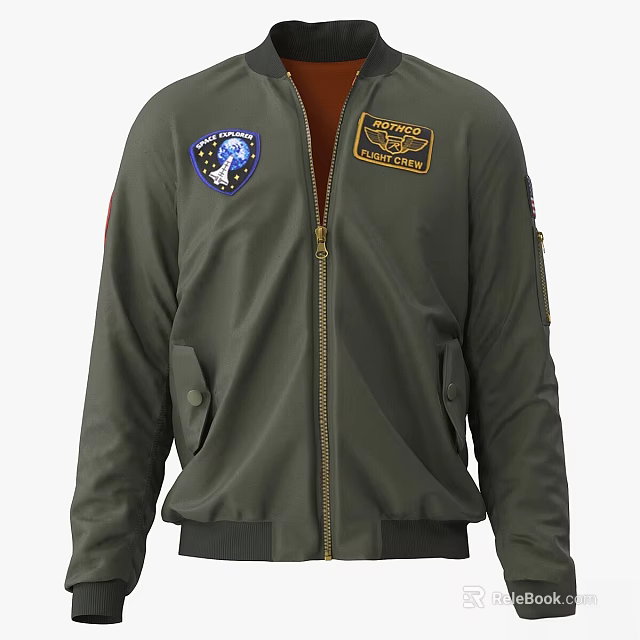 Green Bomber Jacket With Blue And Yellow Patches Gold Zipper And Side Pockets 3d model 
