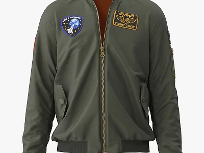 Green Bomber Jacket With Blue And Yellow Patches Gold Zipper And Side Pockets 3d model