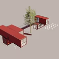 Red Shipping Container Building for Art Gallery and Coffee Shop with Outdoor Seating and Tree