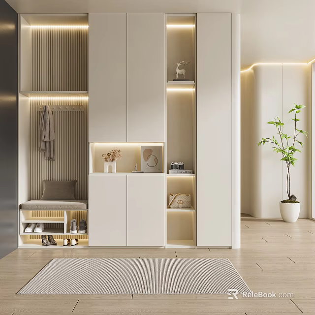 Modern Off White Shoe Cabinet With Bench Hooks Light Strips Storage And Decorative Ornaments 3d model 