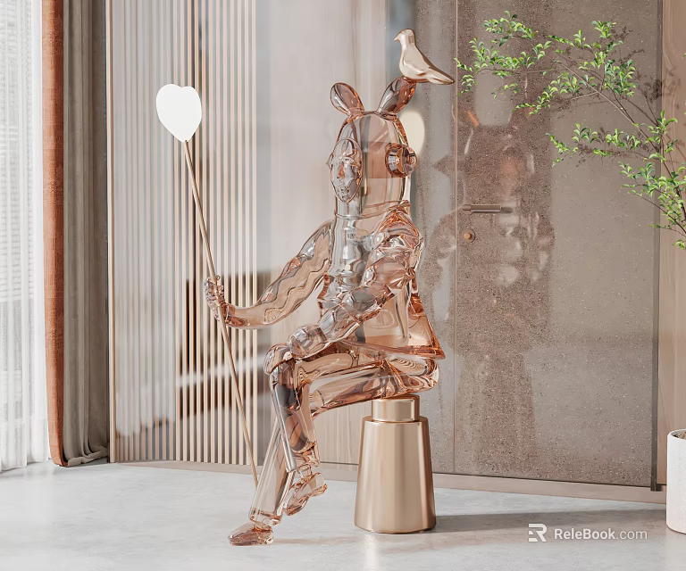 Transparent Rabbit Sculpture Holding Balloon On Gold Base In Modern Interior With Plants 3d model 