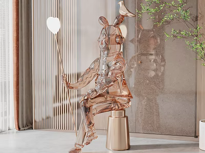 Transparent Rabbit Sculpture Holding Balloon On Gold Base In Modern Interior With Plants 3d model
