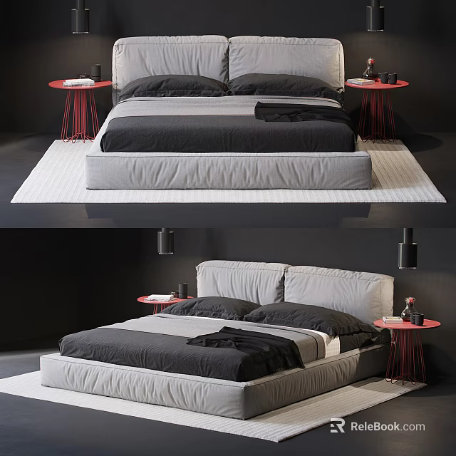 Modern Double Bed Interior With Gray Black Bedding And Red Side Tables 3d model
