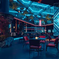 Futuristic Restaurant Interior With Neon Lights Bar Counter Bar Stools And Seating Area