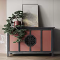 Elegant Chinese Style Entryway Console Cabinet With Red Panels Black Frame And Bonsai Decor