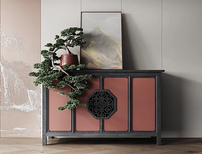 Elegant Chinese Style Entryway Console Cabinet With Red Panels Black Frame And Bonsai Decor 3d model