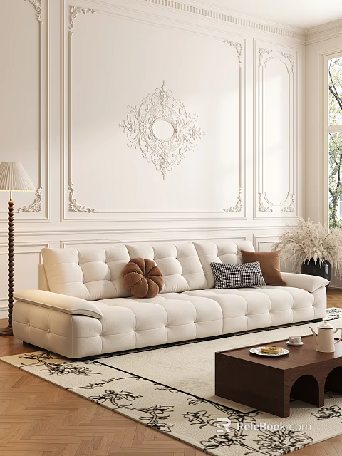 White Tufted Sofa with Plush Cushions and Coffee Table Set in Elegant Ornate Interior 3d model 