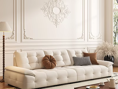 White Tufted Sofa with Plush Cushions and Coffee Table Set in Elegant Ornate Interior 3d model