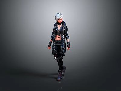 Silver Haired Woman In Black Leather Jacket And Combat Boots Standing 3d model