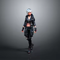 Silver Haired Woman In Black Leather Jacket And Combat Boots Standing