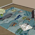 Colorful Square Carpet With Zeppelin Airplanes Birds Submarine And Wave Patterns On Wooden Floor