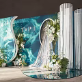 Wedding Decoration With Blue Backdrop T&P Initials Arched Structure White Green Flowers 3d model