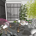 Japanese Garden Landscape with Shoji Screens Stone Rocks Lanterns and Cherry Blossom Tree