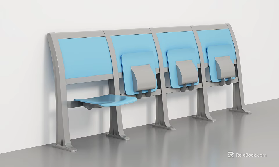 Public Bench With Four Blue Seats And Gray Frame Against White Wall 3d model 