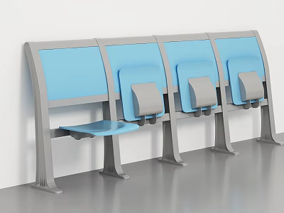 Public Bench With Four Blue Seats And Gray Frame Against White Wall 3d model