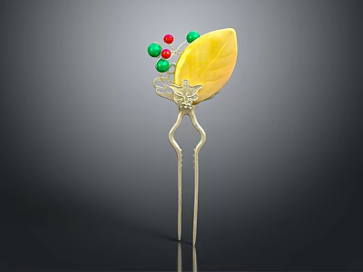 Elegant Golden Hairpin Jewelry Featuring Yellow Leaf Red and Green Beads Design 3d model