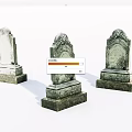 Three Ancient Stone and Wood Tombstones With Carved Details and Vintage Design