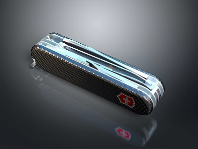 Black Carbon Fiber Swiss Army Knife With Silver Metal Parts Red Logo Foldable Multi Tool 3d model