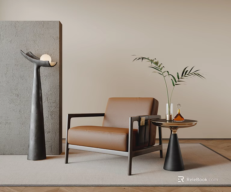 Brown Leather Single Sofa With Side Table Vase Plant And Sculpture In Modern Room 3d model 