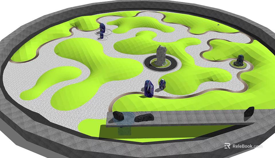 Japanese Karesansui Dry Landscape Garden with Raked Gravel Moss Covered Hills And Stone Features 3d model 