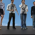 Four People Standing Together In Casual Clothes On Dark Reflective Surface