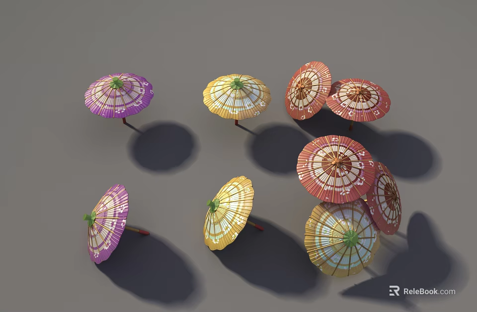 Colorful Patterned Umbrellas In Purple Yellow Red As Essential Daily Life Items 3d model 