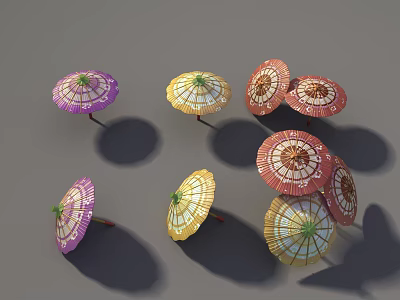 Colorful Patterned Umbrellas In Purple Yellow Red As Essential Daily Life Items 3d model