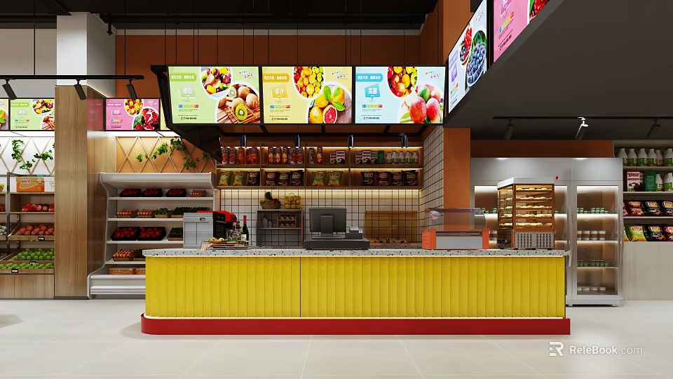 Modern Supermarket Department Store Layout With Shelves Products Checkout Counter And Digital Screens 3d model 