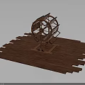Detailed Wooden Waterwheel Model On Wooden Platform With Support Structure