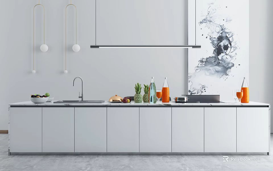 Modern Open Kitchen Interior With White Cabinets Hanging Lights And Fruit 3d model