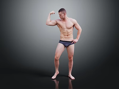 A Muscular Man Flexing His Arm Muscles With Bare Torso On Gray Background 3d model