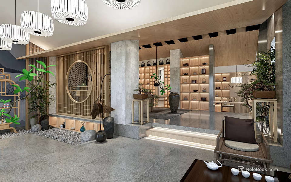 Chinese Style Lobby Interior With Wooden Decor Round Mirror Lanterns Green Plants And Bookshelves 3d model 
