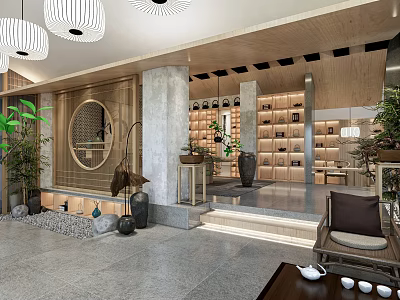 Chinese Style Lobby Interior With Wooden Decor Round Mirror Lanterns Green Plants And Bookshelves 3d model