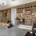 Chinese Style Lobby Interior With Wooden Decor Round Mirror Lanterns Green Plants And Bookshelves