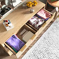 Wooden Storage Cabinet With Rattan Texture Drawers Golden Handles And Decorative Plants Vase In Interior