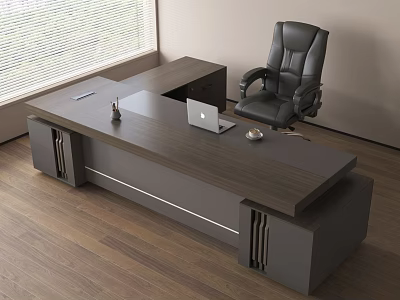 Modern Office Desk With Black Chair Laptop On Wooden Floor Near Window 3d model