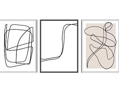 Three Abstract Paintings With Minimalist Black Lines Framed Wall Art Decor 3d model