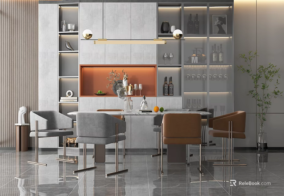 Modern Dining Table Set With Gray Cabinets Orange Decor And Chairs 3d model